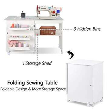 Usinso Folding Sewing Table Multifunctional Sewing Machine Cart Table Sewing Craft Cabinet with Storage Shelves Portable Rolling Sewing Desk Computer Desk with Lockable Casters(White)