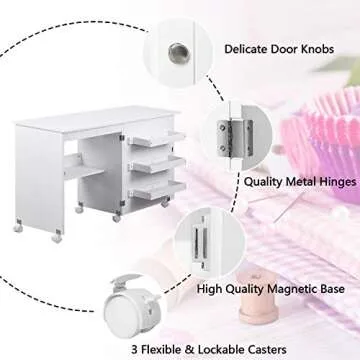 Usinso Folding Sewing Table Multifunctional Sewing Machine Cart Table Sewing Craft Cabinet with Storage Shelves Portable Rolling Sewing Desk Computer Desk with Lockable Casters(White)