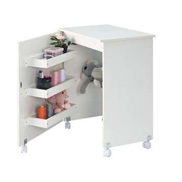 Usinso Folding Sewing Table Multifunctional Sewing Machine Cart Table Sewing Craft Cabinet with Storage Shelves Portable Rolling Sewing Desk Computer Desk with Lockable Casters(White)