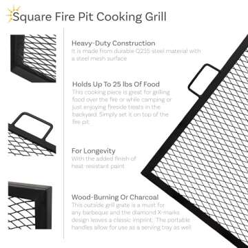Sunnydaze X-Marks Fire Pit Cooking Grate - Durable Steel BBQ Grill with Handles