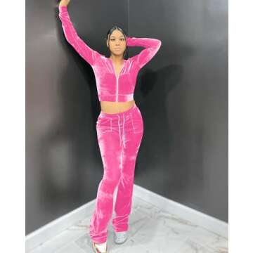 Womens Velour Hoodie Jogger Tracksuit Two Piece Outfits for Women, Long Sleeve Full-Zip Up Crop Tops Jacket Flared Pants Matching Set Sportswear Jogging Sweatsuit Pockets Patchwork Glitter Stripe
