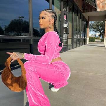 Womens Velour Hoodie Jogger Tracksuit Two Piece Outfits for Women, Long Sleeve Full-Zip Up Crop Tops Jacket Flared Pants Matching Set Sportswear Jogging Sweatsuit Pockets Patchwork Glitter Stripe