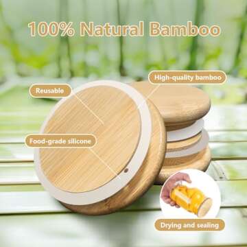 Mason Jar Bamboo Lids, 70mm/2.8 inch Natural Wooden Mason Jar Lids, Food Grade Material Silicone Sea...