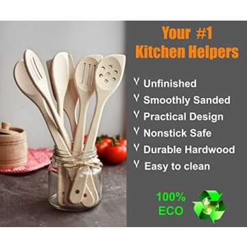 ECOSALL Healthy Wooden Spoons For Cooking Set of 6. Safe and Reliable Cooking Utensils for Kitchen – 100% Natural Nonstick Wood Spatula Spoon For Scraping, Stirring, Serving – Uncoated Solid Hardwood