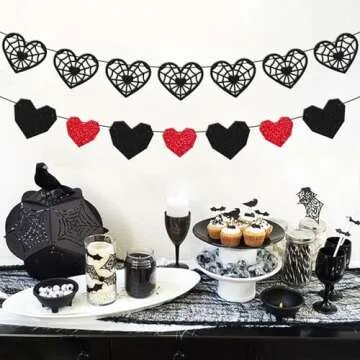Valentine's Day Decoration Gothic Valelntins Love Heart Banner Romantic Dark Valentine Decor Kiss Love Heart Goth Party Garland for Girlfriend Wife Partner Black Glitter Supplies