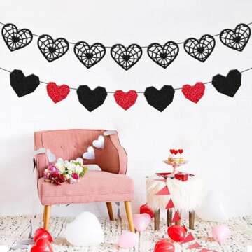 Valentine's Day Decoration Gothic Valelntins Love Heart Banner Romantic Dark Valentine Decor Kiss Love Heart Goth Party Garland for Girlfriend Wife Partner Black Glitter Supplies