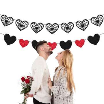 Valentine's Day Decoration Gothic Valelntins Love Heart Banner Romantic Dark Valentine Decor Kiss Love Heart Goth Party Garland for Girlfriend Wife Partner Black Glitter Supplies