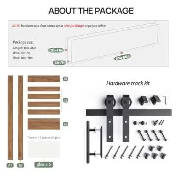 FREDBECK 42 x 84 inch Glass Barn Door with 7FT Barn Door Hardware Kit Included,5-Panel Frosted Glass, Water-Proof Surface,Pre-Drilled Holes,Need Assembly,Fit 38in-41in Opening