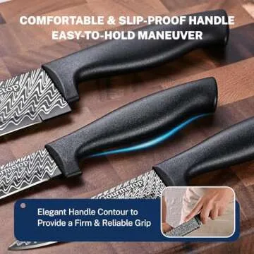 Gourmetop Kitchen Knife Set with Cover 3 Pcs, Black Chef Knife Set for Cooking, Sharp Kitchen Knives with Sheath, 8'' Chef Knife, 5'' Utility, 3.5'' Paring, Damascus Pattern Kitchen Knife for Cutting
