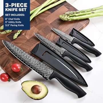 Gourmetop Kitchen Knife Set with Cover 3 Pcs, Black Chef Knife Set for Cooking, Sharp Kitchen Knives with Sheath, 8'' Chef Knife, 5'' Utility, 3.5'' Paring, Damascus Pattern Kitchen Knife for Cutting