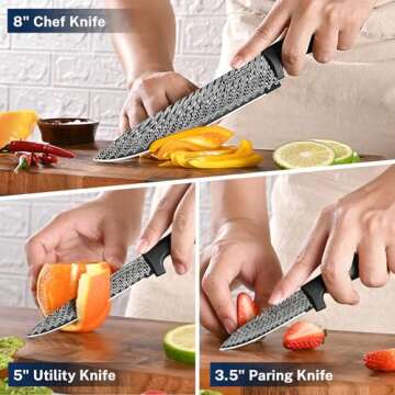 Gourmetop Kitchen Knife Set with Cover 3 Pcs, Black Chef Knife Set for Cooking, Sharp Kitchen Knives with Sheath, 8'' Chef Knife, 5'' Utility, 3.5'' Paring, Damascus Pattern Kitchen Knife for Cutting