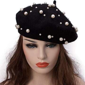 Vpang Women's Wool Berets Sweet French Pearl Beaded Beret Cap Winter Hat Knitted Beanie Hat for Girl...