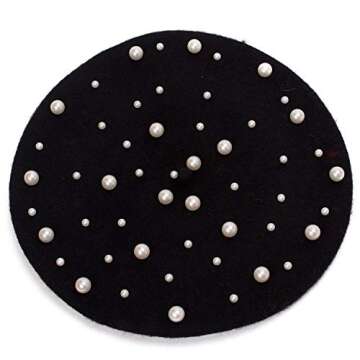Vpang Women's Wool Berets Sweet French Pearl Beaded Beret Cap Winter Hat Knitted Beanie Hat for Girls (Black)