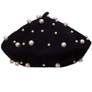 Vpang Women's Wool Berets Sweet French Pearl Beaded Beret Cap Winter Hat Knitted Beanie Hat for Girls (Black)