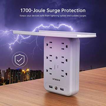 6 Outlet Socket Wall Shelf Surge Protector 1700 Joules, Wall Mount Outlet Extender Multi Plug with 2 USB Charging Ports, Smart Night Light and Removable Built-in Shelf (White)