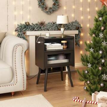 Mid Century Modern Nightstand with Charging Station, Bedside Tables with Glass Drawer, End Table Sid...