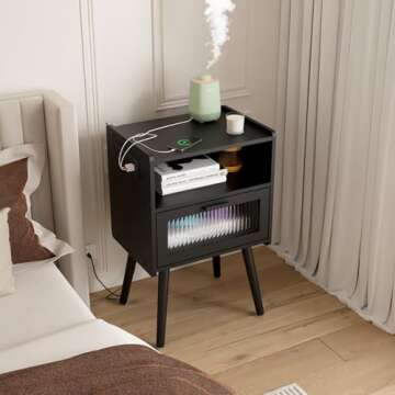 Mid Century Modern Nightstand with Charging Station, Bedside Tables with Glass Drawer, End Table Side Table with 2 Tiers Storage Space, for Bedroom, Living Room, Black
