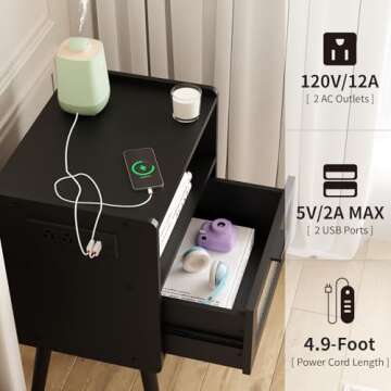 Mid Century Modern Nightstand with Charging Station, Bedside Tables with Glass Drawer, End Table Side Table with 2 Tiers Storage Space, for Bedroom, Living Room, Black
