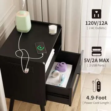 Mid Century Modern Nightstand with Charging Station, Bedside Tables with Glass Drawer, End Table Side Table with 2 Tiers Storage Space, for Bedroom, Living Room, Black