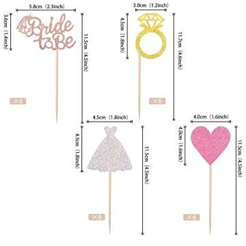 24 PCS Bride to Be Cupcake Toppers with Heart Ring Dress Bridal Shower Cupcake Picks Wedding Engagem...