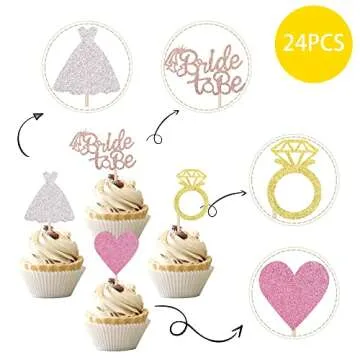 24 PCS Bride to Be Cupcake Toppers with Heart Ring Dress Bridal Shower Cupcake Picks Wedding Engagement Bachelorette Party Cake Decorations Supplies Colorful