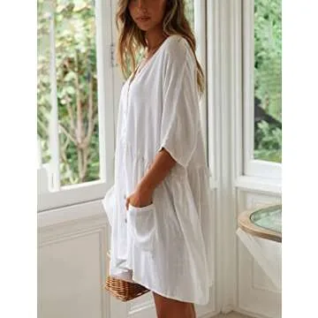 Bsubseach Casual Beach Shirt Tunic Dress with Pockets for Women Button Down Half Sleeve Swimsuit Cover Up White