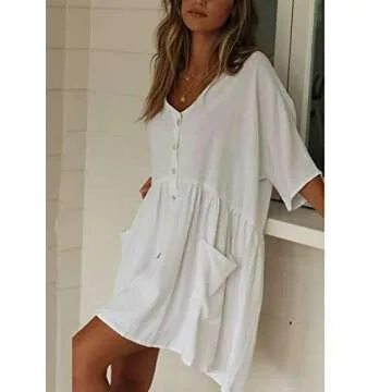 Bsubseach Casual Beach Shirt Tunic Dress with Pockets for Women Button Down Half Sleeve Swimsuit Cover Up White