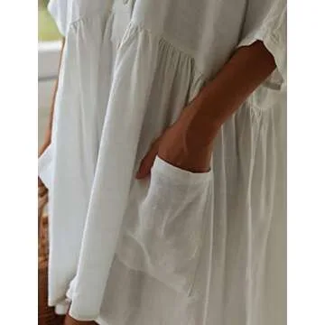 Bsubseach Casual Beach Shirt Tunic Dress with Pockets for Women Button Down Half Sleeve Swimsuit Cover Up White