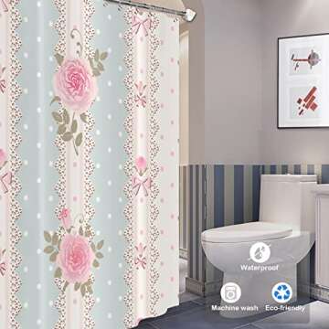 Batmerry Shabby Chic Roses Decor Shower Curtain, Vintage Floral Stripes Polka Dot Laces Bathroom Decor Polyester Fiber Plastic Rings Quick-Drying Waterproof for Bathtubs/Bathroom, 72x60 inches