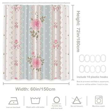 Batmerry Shabby Chic Roses Decor Shower Curtain, Vintage Floral Stripes Polka Dot Laces Bathroom Decor Polyester Fiber Plastic Rings Quick-Drying Waterproof for Bathtubs/Bathroom, 72x60 inches