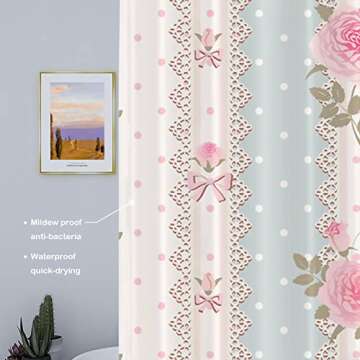 Batmerry Shabby Chic Roses Decor Shower Curtain, Vintage Floral Stripes Polka Dot Laces Bathroom Decor Polyester Fiber Plastic Rings Quick-Drying Waterproof for Bathtubs/Bathroom, 72x60 inches