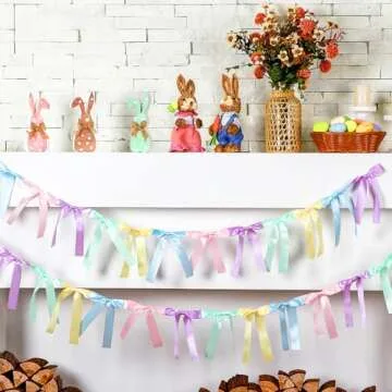 VitalCozy 4 Sets Pastel Easter Rainbow Banner Satin Ribbon Bows 3.5 Inch Satin Twist Tie Bows Pretied Premade Colored Craft Bows Garland Hanging Decoration for Easter Indoor Outdoor Garden Wedding
