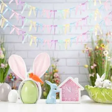 VitalCozy 4 Sets Pastel Easter Rainbow Banner Satin Ribbon Bows 3.5 Inch Satin Twist Tie Bows Pretied Premade Colored Craft Bows Garland Hanging Decoration for Easter Indoor Outdoor Garden Wedding