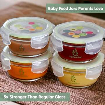 Sage Spoonfuls Glass Baby Food Containers with Lids - 4 Pack, 7 oz Baby Food Jars, Durable, Leakproof & Airtight, Freezer Storage, Reusable Glass Baby Food Containers, Microwave & Dishwasher Safe