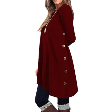 KORSIS Wine Red Long Sleeve Casual Tunic Dress for Women