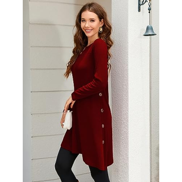 KORSIS Wine Red Long Sleeve Casual Tunic Dress for Women