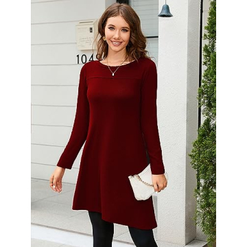 KORSIS Wine Red Long Sleeve Casual Tunic Dress for Women