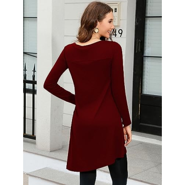 KORSIS Wine Red Long Sleeve Casual Tunic Dress for Women