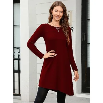 KORSIS Wine Red Long Sleeve Casual Tunic Dress for Women