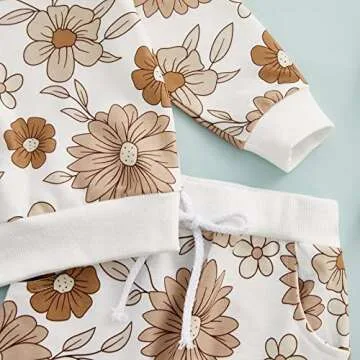 3Pcs Baby Girl Outfits Floral Sweatshirt + Pants + Headband Infant Fall Winter Clothes White 6-12 Months