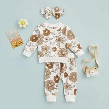 3Pcs Baby Girl Outfits Floral Sweatshirt + Pants + Headband Infant Fall Winter Clothes White 6-12 Months