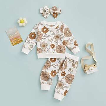 3Pcs Baby Girl Outfits Floral Sweatshirt + Pants + Headband Infant Fall Winter Clothes White 6-12 Months