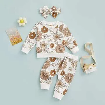 3Pcs Baby Girl Outfits Floral Sweatshirt + Pants + Headband Infant Fall Winter Clothes White 6-12 Months