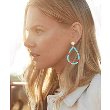 XOCARTIGE Heishi Bead Drop Earrings for Women Multicolored Teardrop Dangle Earring Studs for Women (C Blue)