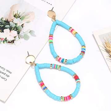XOCARTIGE Heishi Bead Drop Earrings for Women Multicolored Teardrop Dangle Earring Studs for Women (C Blue)