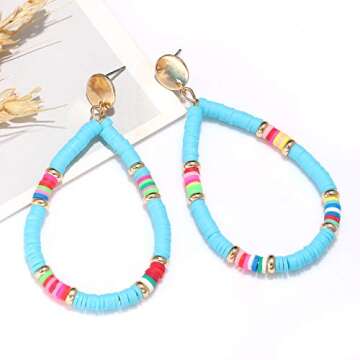 XOCARTIGE Heishi Bead Drop Earrings for Women Multicolored Teardrop Dangle Earring Studs for Women (C Blue)