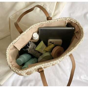 LYANYAN Straw Shoulder Bag Chic Plaid Tote for Summer