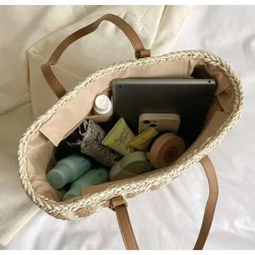 LYANYAN Straw Shoulder Bag Chic Plaid Tote for Summer