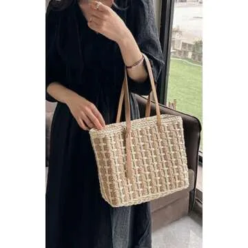 LYANYAN Straw Shoulder Bag Chic Plaid Tote for Summer