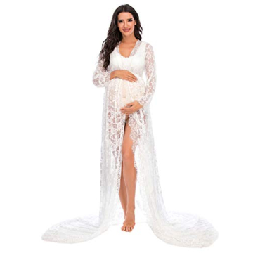 ZIUMUDY Maternity Deep V-Neck Lace Dress for Photography